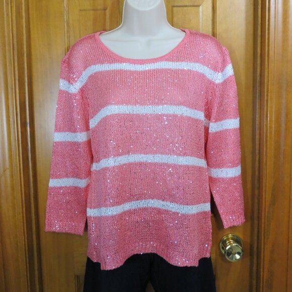 Avalin Coral & Ivory Striped Sweater Long Sleeve Sequins Scoop Neck Size Large - Picture 7 of 10
